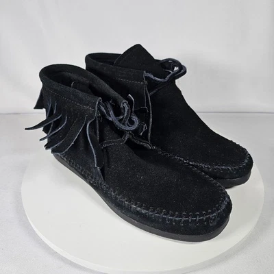 Route 66 Negro Gamuza Cuero Flecos Mocasín Botines Zapatos para Mujer Foto 1 de 4