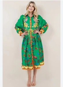 Green Peacock Floral Lantern Sleeve Midi Dress, No Belt, Size Medium  K20 - Picture 1 of 6