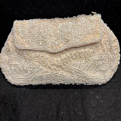 Bolso de Noche Wolborg Vintage Con Cuentas Alemania Occidental Marfil con Forro Rosa Foto 1 de 4