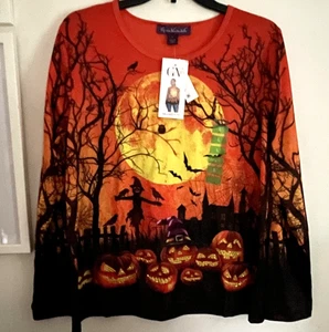 Neu Gloria Vanderbilt Damen Halloween Top, L, Nieten Kürbisse, Langarm - Bild 1 von 10