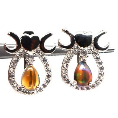 Plata 925 5 x 6 mm. Pendientes de joyería de piedra de nacimiento y ópalo arco iris negro Foto 1 de 4