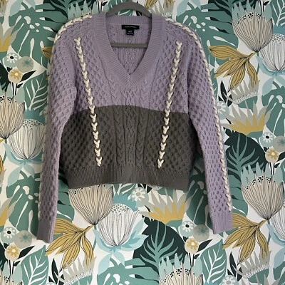 Club Monaco 女式毛衣 V 领拼色紫色羊毛 XS 码零售价 269 美元 — 第 1/4 张图片