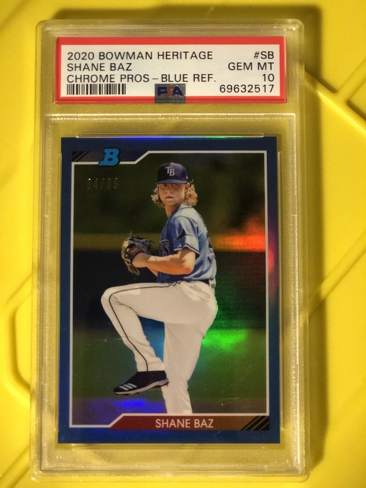 2020 Bowman Heritage Shane Baz Chrome Pros Rookie Blue Refractor SP PSA 10 Gem  - Image 1 of 4