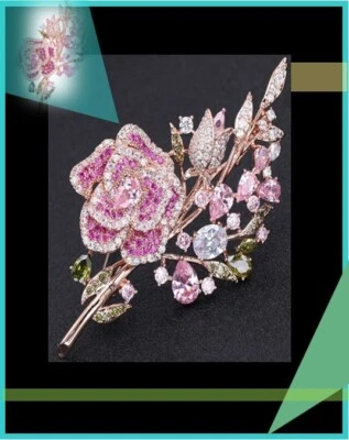 Broche Colgante Oro Rosa Flor Rosa Circonita Cúbica Estrás Joyería de Moda Foto 1 de 4