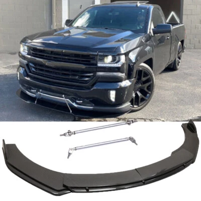 Alerón labial de parachoques delantero con aspecto de carbono + barra de varillas de puntal para Chevy Silverado 1500 Foto 1 de 4