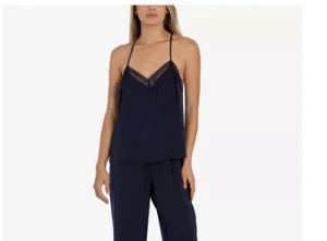 Linea Donatella Lace Trim Cami Pajamas Top ONLY Navy Size L 2064 - Picture 1 of 2