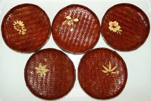 Vintage Japanese Deep Red Lacquer, Woven Bamboo  Round - Picture 1 of 3