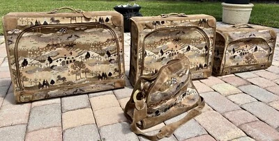 French Luggage Co Collection 4Pc Countryside Tapestry Suede Leather Vintage EUC! - Image 1 of 4