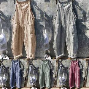 Women Striped Dungarees Jumpsuit Ladies Loose Casual Overalls Baggy Romper Pants