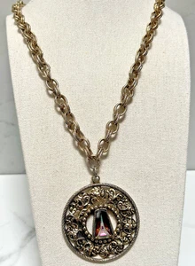 Collana grande ciondolo Torre Eiffel vintage catena tono oro medaglione vetro grosso - Foto 1 di 23
