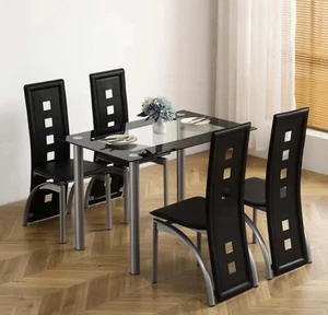 5 Piece Glass Black Dining Table Set 4 Chairs, Rectangle Modern Kitchen Table - Picture 1 of 3