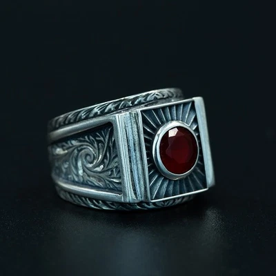 Men's Red Ruby Gemstone Handmade Engraved 925 Sterling Silver Ring - Image 1 of 4