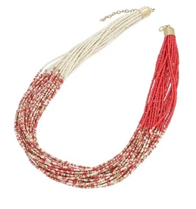 Coral and Ivory Knotted Glass Seed Beaded Necklace in Goldtone 17-19 Inches - Picture 1 of 4