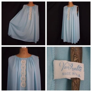 Vintage Van Raalte blau Nylon Babydoll Mod kurzes komplettes Nachthemd Spitze Blumen USA M - Bild 1 von 10