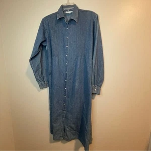 Blaues Chambray Langarm Perlen Druckknopf Kleid mit gekerbtem Kragen - Bild 1 von 7