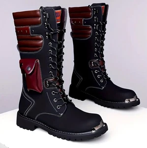 Mens Military Motorcycle Mid Calf Boots Riding Punk Lace Up Combat Boots Sz 10.5 - Picture 1 of 9
