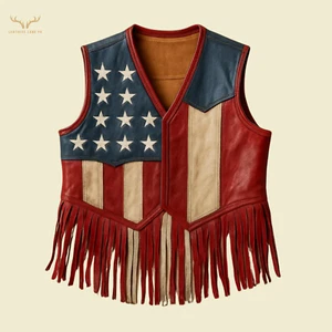 Unisex American Flag Leather Fringe Vest Western Biker USAStyle Independence Day - Picture 1 of 6