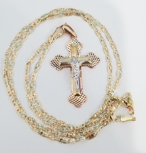 Ciondolo croce crocifisso Gesù croce rosa oro giallo 14 kt catena Valentino
