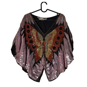 VTG Silk Sophistications Pink Beaded Sequin Butterfly Poncho Disco Top Womens OS - Picture 1 of 8