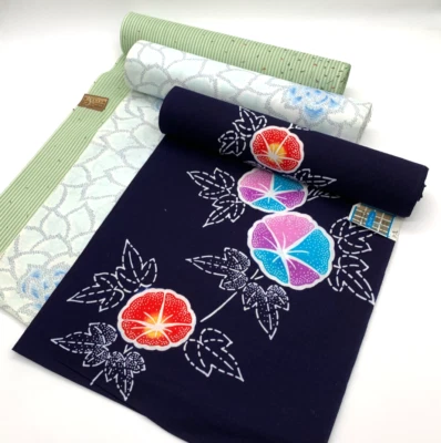 Japanese Yukata Fabric Set Morning Glory and Light Green 3-Piece Set - Image 1 of 4