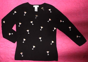 ALEXANDRA BARTLETT Black Cotton Sweater Embroidered Martini Glasses Sz S V-Neck - Picture 1 of 3