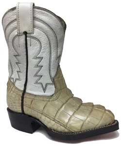 Kids Youth Boys Off-White Real Alligator Tail Skin Western Cowboy Boots Size 8 - Picture 1 of 4