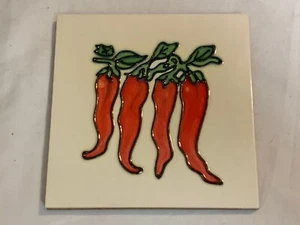 Ceramic Glazed Art Tile Coaster Trivet Red Chili Peppers 6" X 6" - Picture 1 of 4