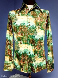 Country Scene Vintage Men's 70's Bl/Red Multi Acetate/Nylon Art Print Shirt Sm - Picture 1 of 7