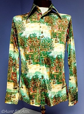 Camisa Country Scene Vintage Para Hombre Años 70 Azul/Rojo Multi Acetato/Nylon Estampado Artístico Pequeña Foto 1 de 4