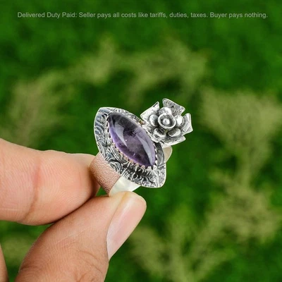 Sterling Silver African Amethyst Gemstone Stackable Bezel Flower Ring Size 8.25 - Image 1 of 4
