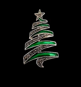 Vtg Christmas Tree Green Enamel Brooch Zig Zag Design Silver Pin 2.25" Sears Box - Picture 1 of 6