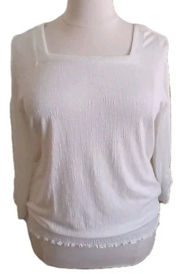 NEW! AB Studio XXL Peasant Boho Hippie 3/4 Sleeve Smocked Square Neck White Top  - Image 1 of 4