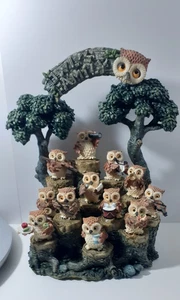 Vintage Owl Family Figurine Set Removable Owls on Tree Stump Base Large Ornament - Picture 1 of 24