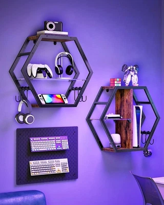 Juego de 2 estantes flotantes hexagonales de vidrio de 18,9" para decoración de paredes... Foto 1 de 4