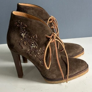 Ralph Lauren Collection Boots Women's Size 10 Brown Suede Heel Beaded Lace Up - Picture 1 of 13