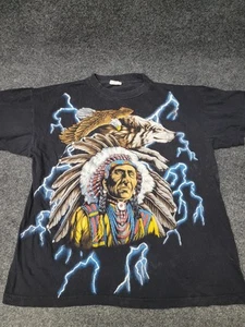 Vintage American Thunder Shirt Mens Large Black Eagle Wolf Native Graphic 90s - Picture 1 of 14