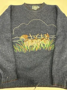 Vintage Woolrich Wollpullover Jagdhunde bestickt blau groß - Bild 1 von 8