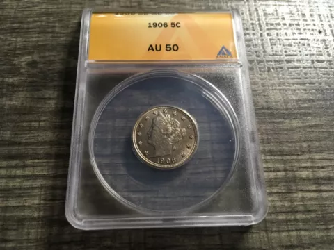 1906  .05  ANACS  AU 50  Liberty Nickel, V Nickel, 5 Cent Piece Cover