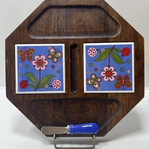 Vassoio formaggio legno salumi vintage retrò coccinella farfalla fiore piedi Giappone - Foto 1 di 8