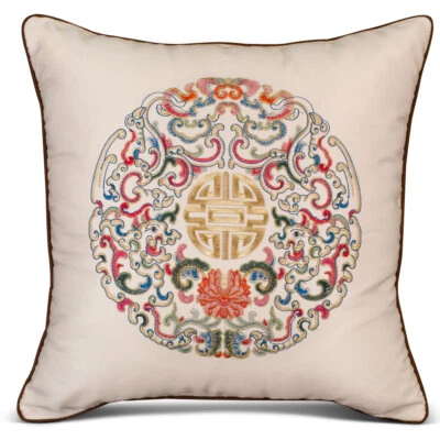 US SELLER - Ivory White Embroidered Longevity Motif Chinese Pillow - Image 1 of 3