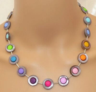 Halskette Perlmutt Muschel Donut grau Perle bunt multicolor mehrfarbig 46cm 131m - Bild 1 von 4