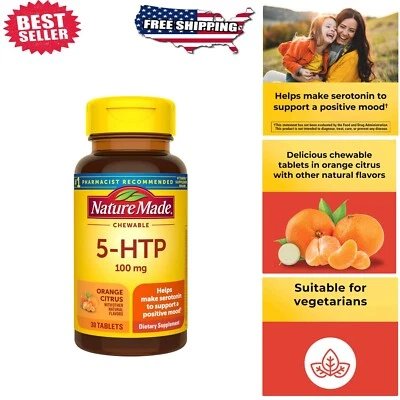 Potenciadores del estado de ánimo masticables 5HTP 100mg - 30 comprimidos, ingredientes naturales, sin gluten Foto 1 de 4