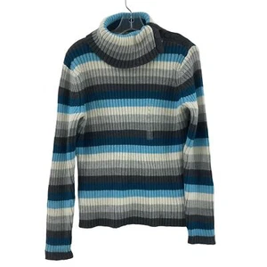 St. John's Bay Blue Gray Black Turtleneck Striped Cotton Sweater L - NWT - Picture 1 of 4