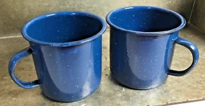 Set Of 2 Vintage Enamel Blue Speckled Coffee Cup, Mug, Camping Or Display - Picture 1 of 8