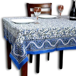 Botanical Serenity Block Print Cotton Floral Square Tablecloth White - Picture 1 of 5