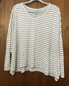 We The Free Top Women M Oversized Beige White Striped Stretch Boho - Picture 1 of 8