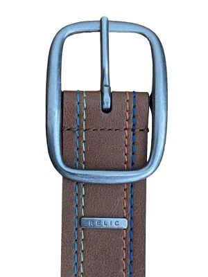 Пояс Y2K Relic x Fossil XL радужные швы коричневый искусственная кожа серебряные заклепки 40 дюймов - Изображение 1 из 4