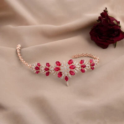 14.50 TCW Synthetic Ruby Gemstone Lab Grown CVD Diamond Bracelet 14k Rose Gold - Image 1 of 4