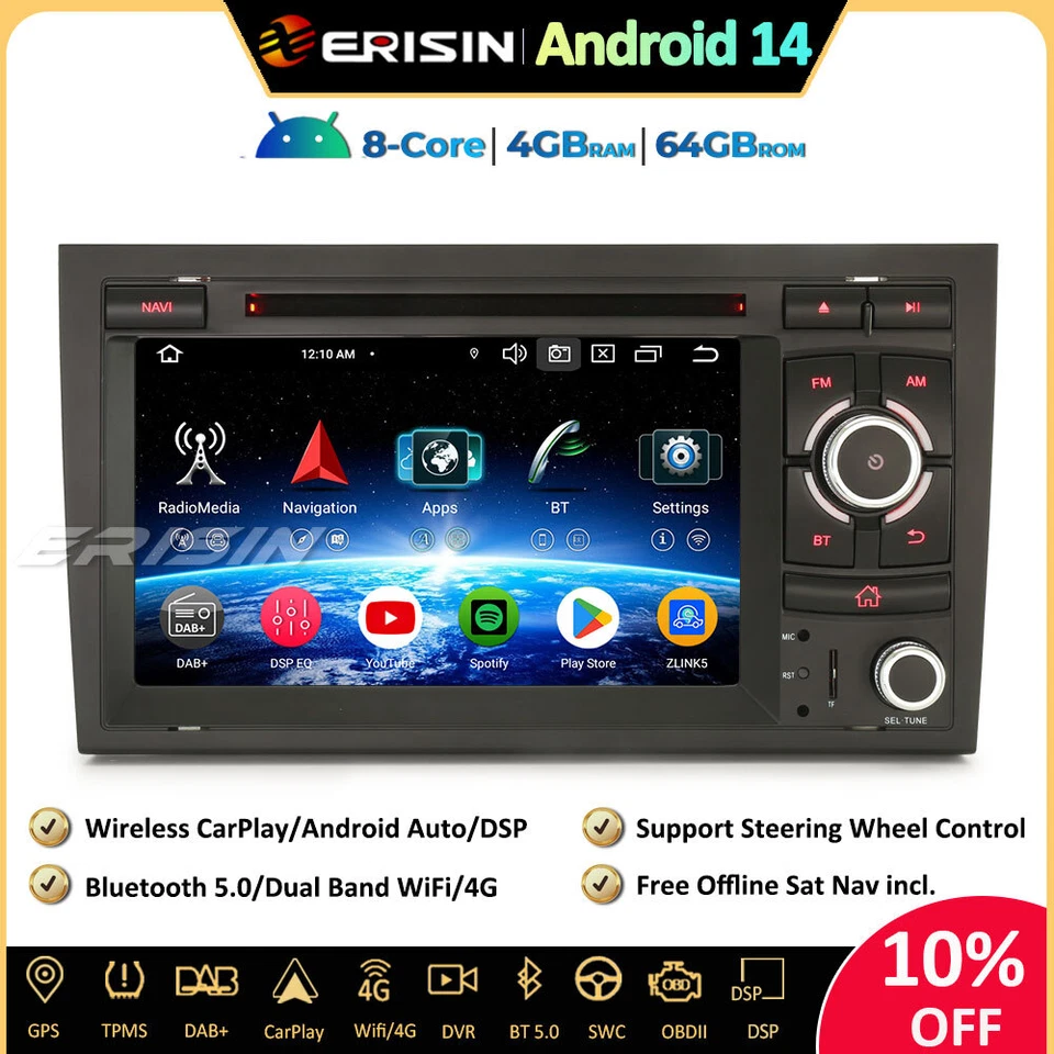 DAB+Android 14 Car Stereo Sat Nav CarPlay DVD Wifi For Audi A4 S4 RS4 Seat Exeo - Image 1 of 4