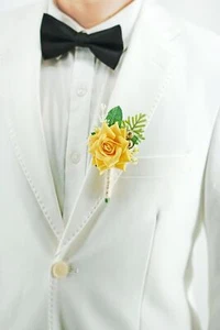 1 pc Yellow Rose Men Boutonniere for Wedding Single Groom Groomsmen Artificia... - Picture 1 of 6